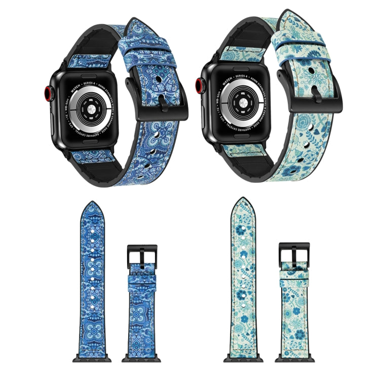 Flower Pattern TPU + Stainless Steel Watch Band for Apple Watch Series 7 41mm / 6 & SE & 5 & 4 40mm / 3 & 2 & 1 38mm
