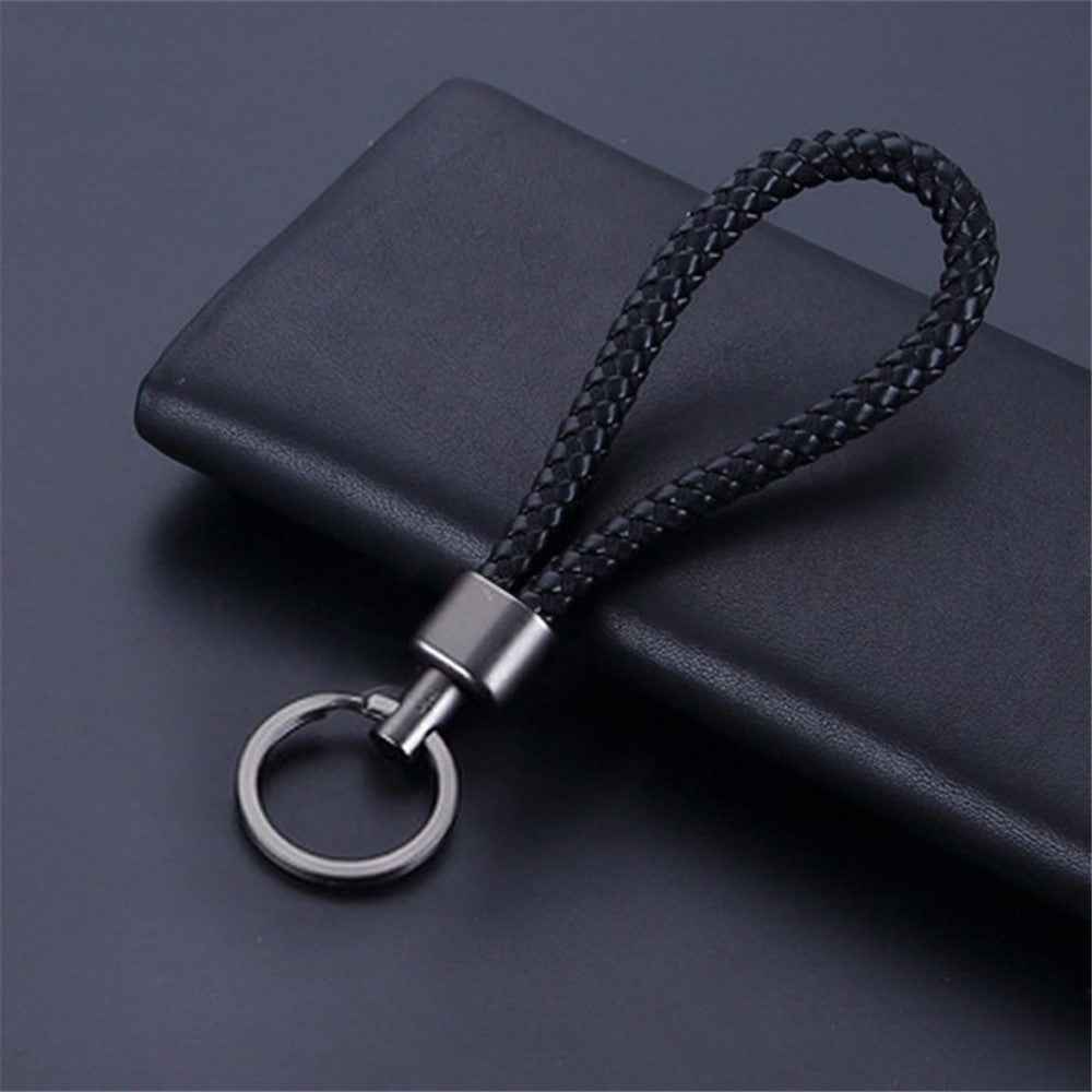 Woven Handmade PU Leather Keychain Men Women Car Key Ring - Black