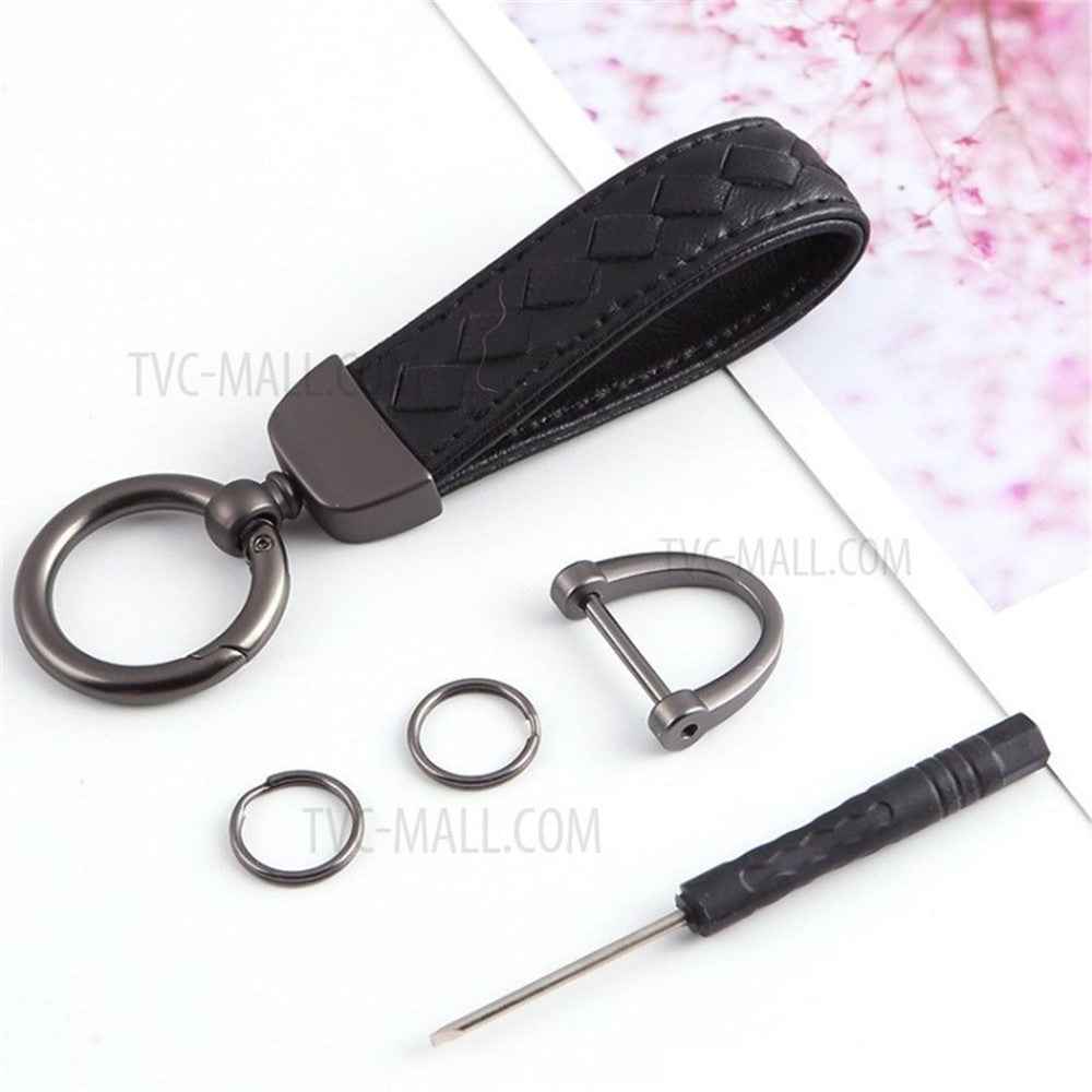 Key Chain Woven Lambskin Genuine Leather Keychain Detachable Car Key Ring - Black Strap/Black Ring
