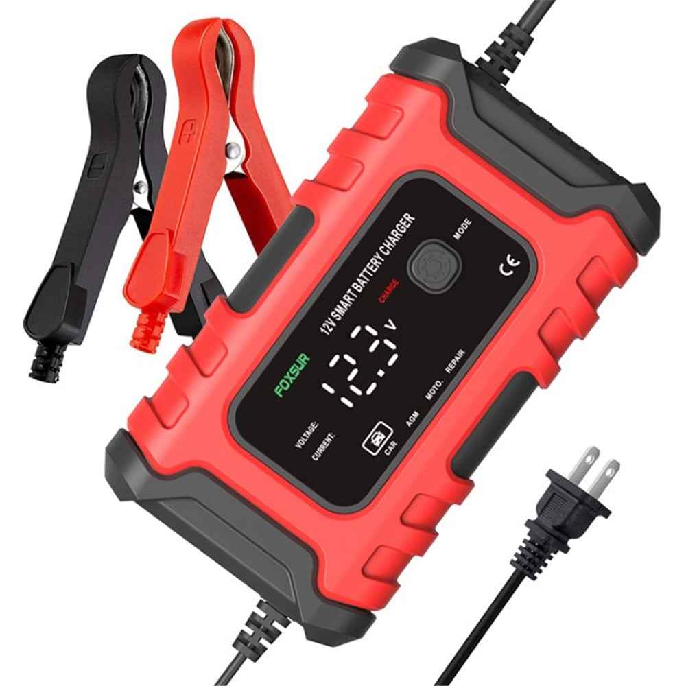 FOXSUR 12V 6A Car Battery Charger Automatic Smart Battery Maintainer with LCD Display Pulse Repair Charger for Car, Motorcycle - Red / US Plug