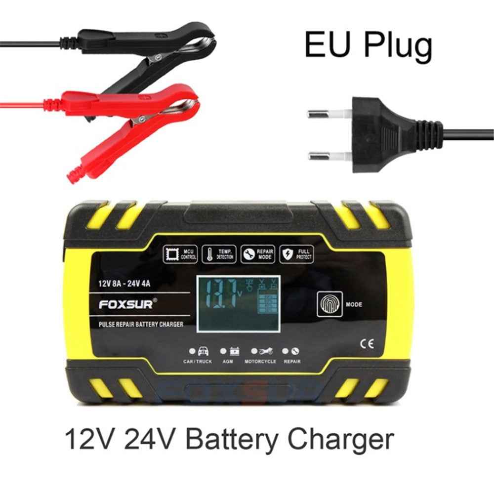 FOXSUR 24V 4A 12V 8A Full Automatic Car Battery Charger Fast Charging LCD Pulse Repair Charger - EU Plug