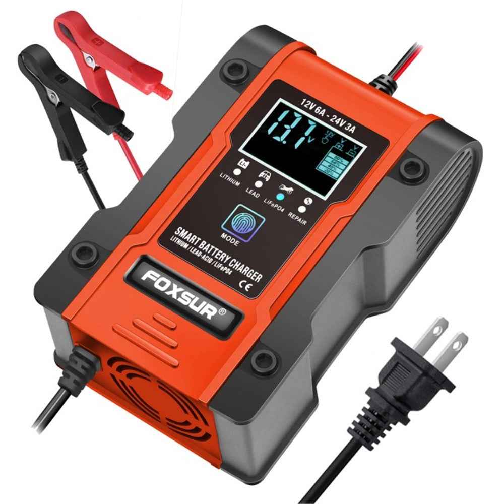 FOXSUR 12V 24V 6A 7-Stage Car Battery Charger Battery Pulse Repair Charger for GEL WET AGM 12.6V LiFePO4 LiPo - Red / US Plug