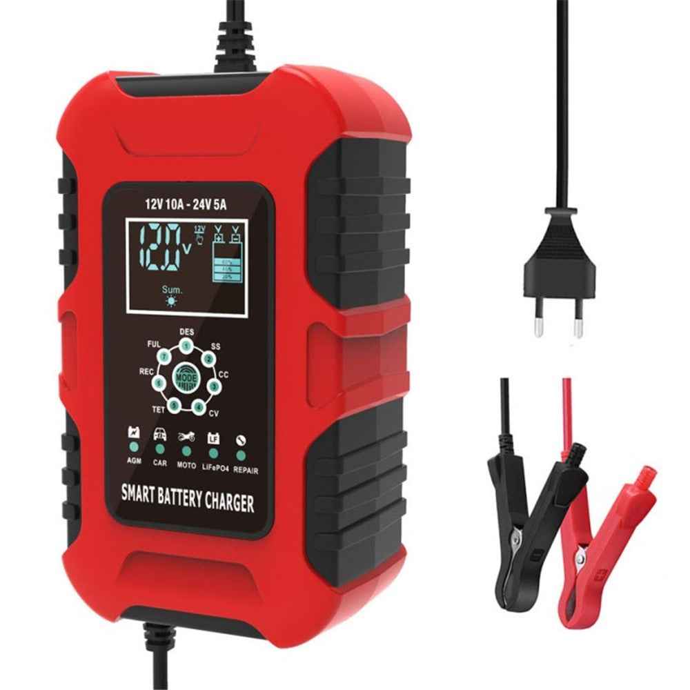 FOXSUR Car Battery Charger 12V / 10A 24V / 5A Automatic Smart Charger GEL AGM LiFePo4 Battery Charger - Red / EU Plug