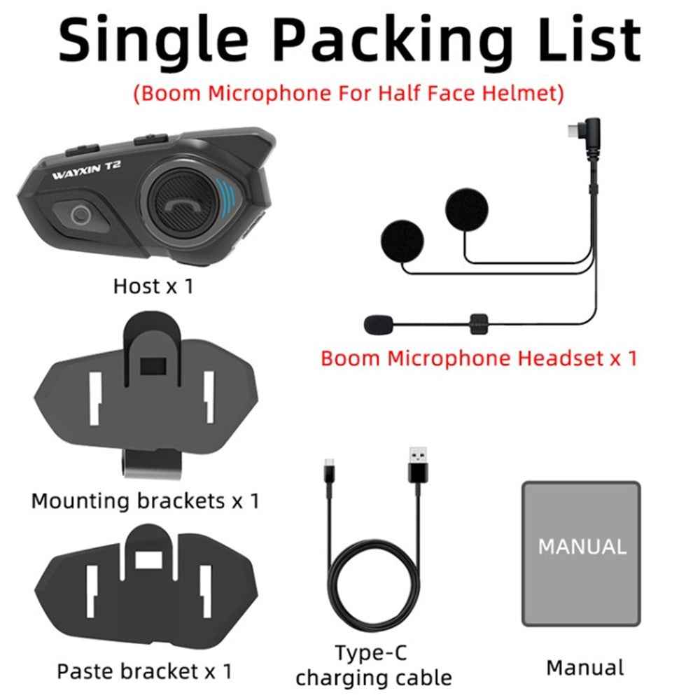 WAYXIN T2 Motorcycle Helmet Headset 2 Riders Bluetooth-Compatible Intercom - Boom Mic for Half Face Helmet