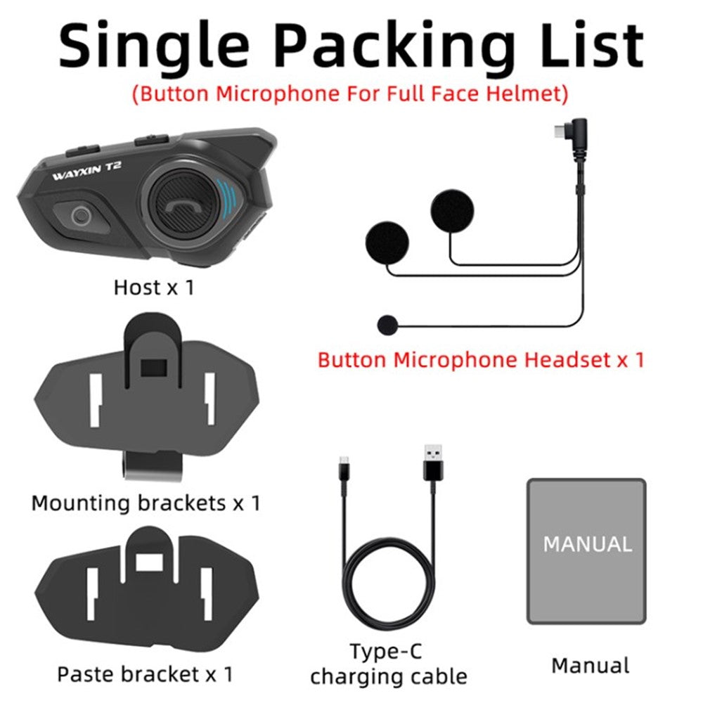 WAYXIN T2 Motorcycle Helmet Headset 2 Riders Bluetooth-Compatible Intercom - Button Mic for Full Face Helmet