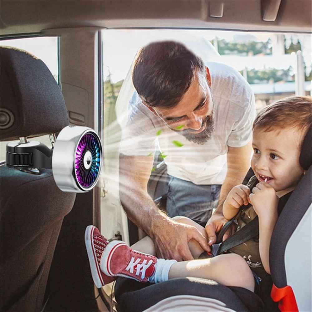 Car Backseat Electric Fan for Rear Seat Passenger with 3 Speed Modes + RGB Light for Vehicles SUV Truck - Black+Silver