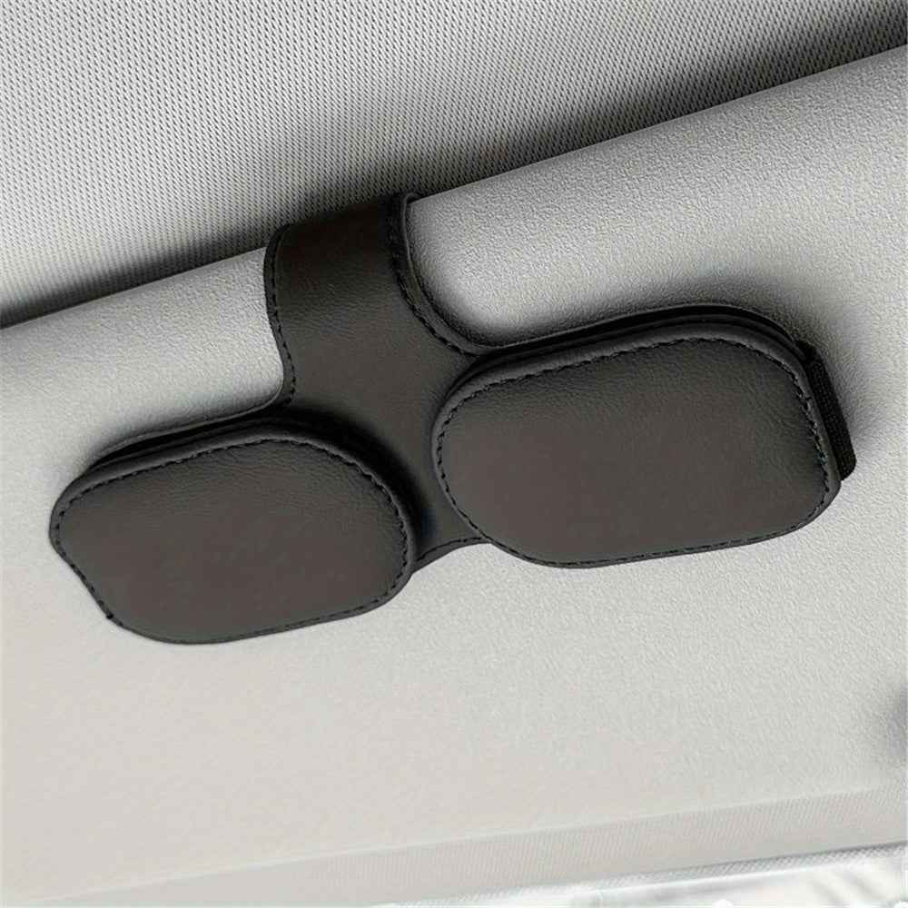 Car Sunglasses Holder Vehicle Visor Clip Magnetic PU Leather Sun Glasses Eyeglass Hanger - Black