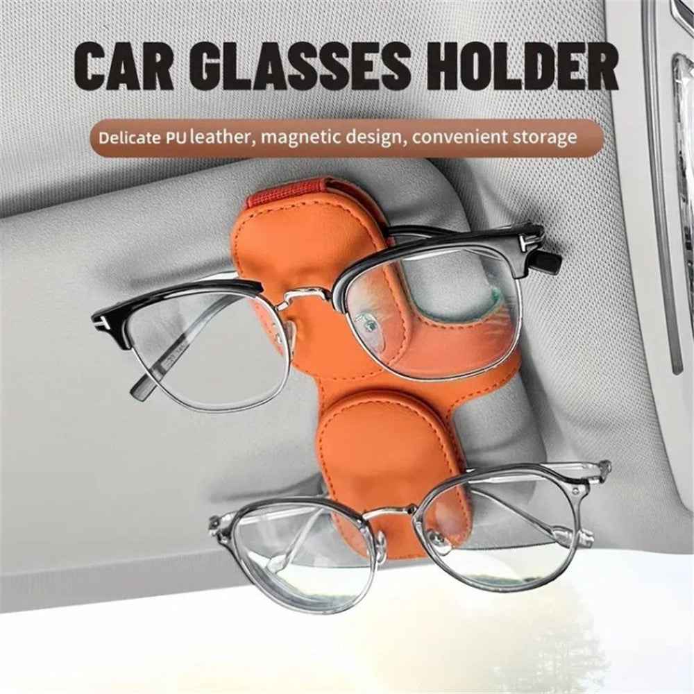 Car Sunglasses Holder Vehicle Visor Clip Magnetic PU Leather Sun Glasses Eyeglass Hanger - Orange