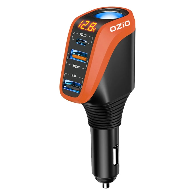 Ozio DY48TC 188W Type-C + USB Dual Port Multi-function Car Charger with Cigarette Lighter (Orange)