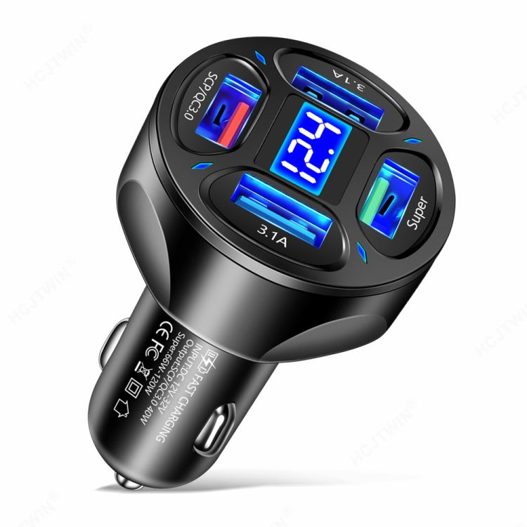 66W 4 in 1 Digital Display Fast Charging Car Charger with Voltmeter (Black)