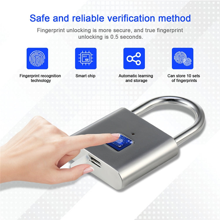 Stainless Steel Automatic Intelligent Fingerprint Padlock Electronic Lock, 10 Fingerprint Edition(Silver)
