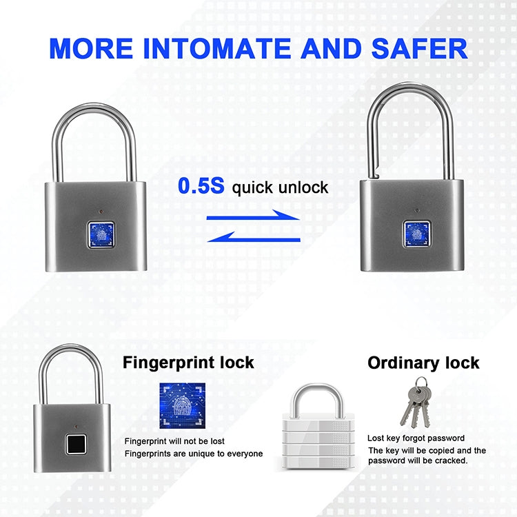 Stainless Steel Automatic Intelligent Fingerprint Padlock Electronic Lock, 10 Fingerprint Edition(Silver)