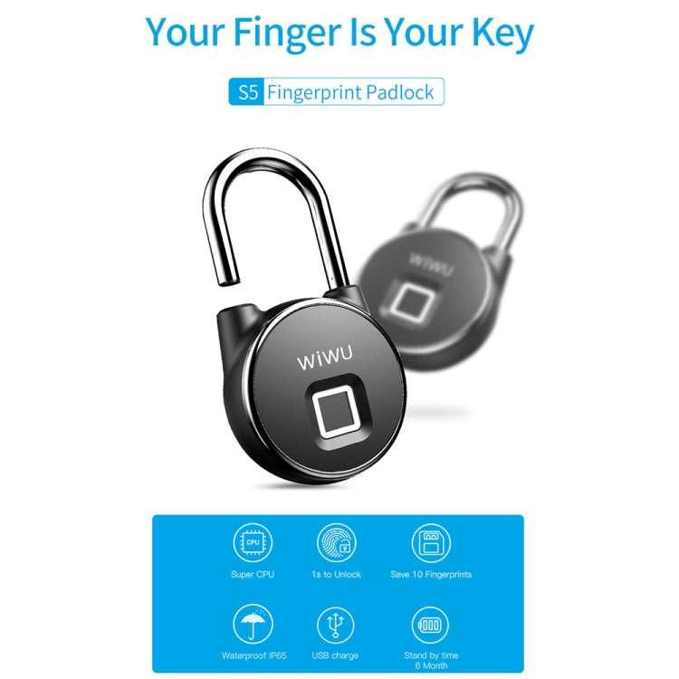 WIWU S5 Locker Bicycle Anti-theft Metal Fingerprint Padlock(Black)