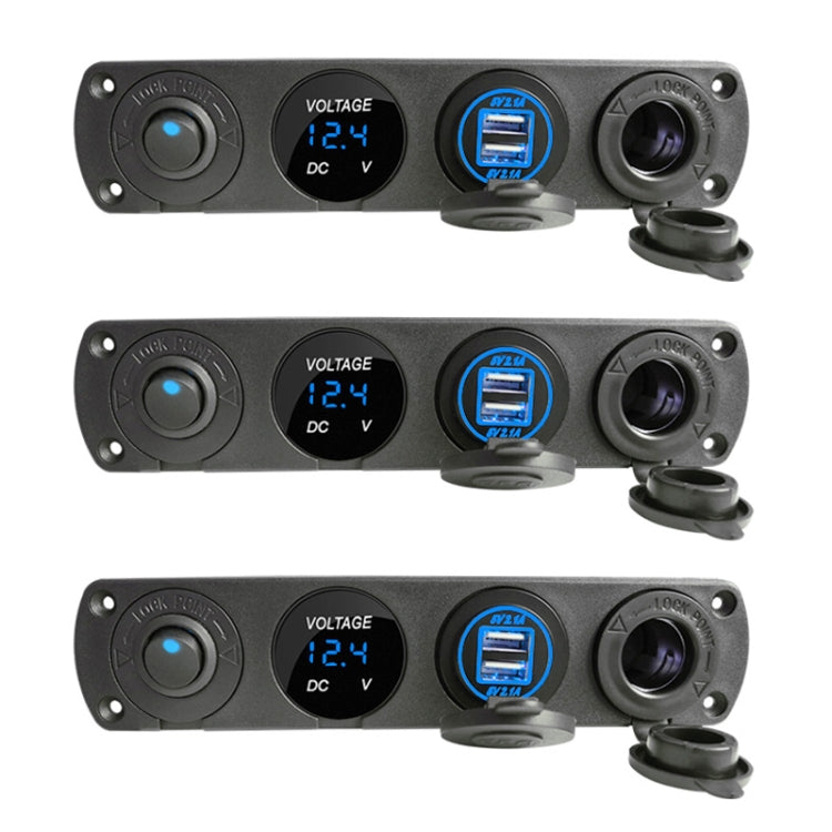 3 PCS 4-hole Panel Combination Switch Dual USB 4.2A Power Plug with Voltmeter(Blue Light)