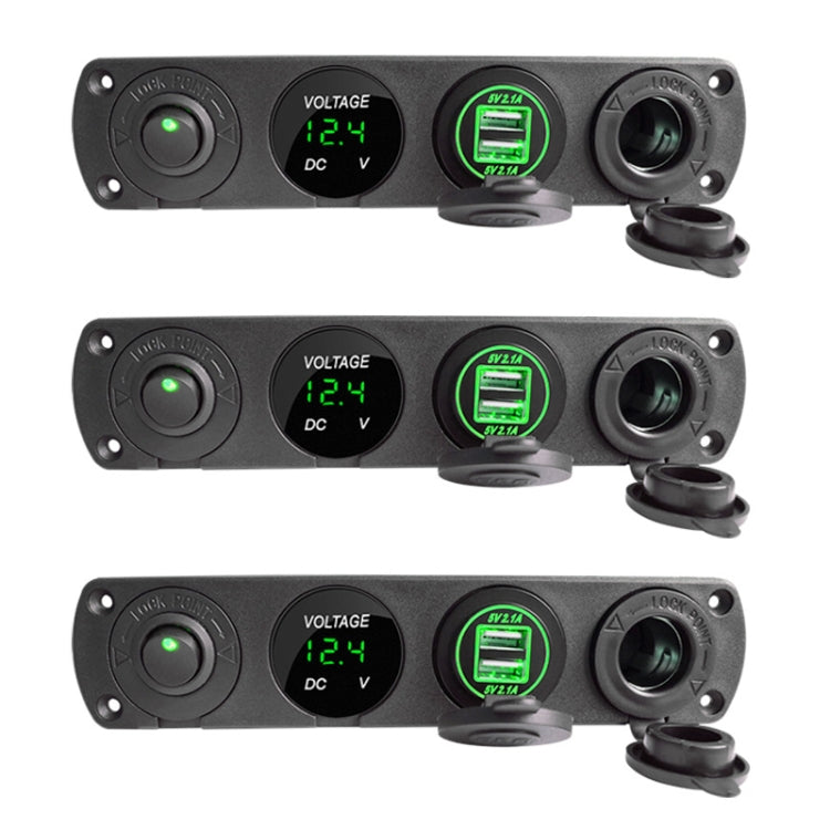 3 PCS 4-hole Panel Combination Switch Dual USB 4.2A Power Plug with Voltmeter(Green Light)