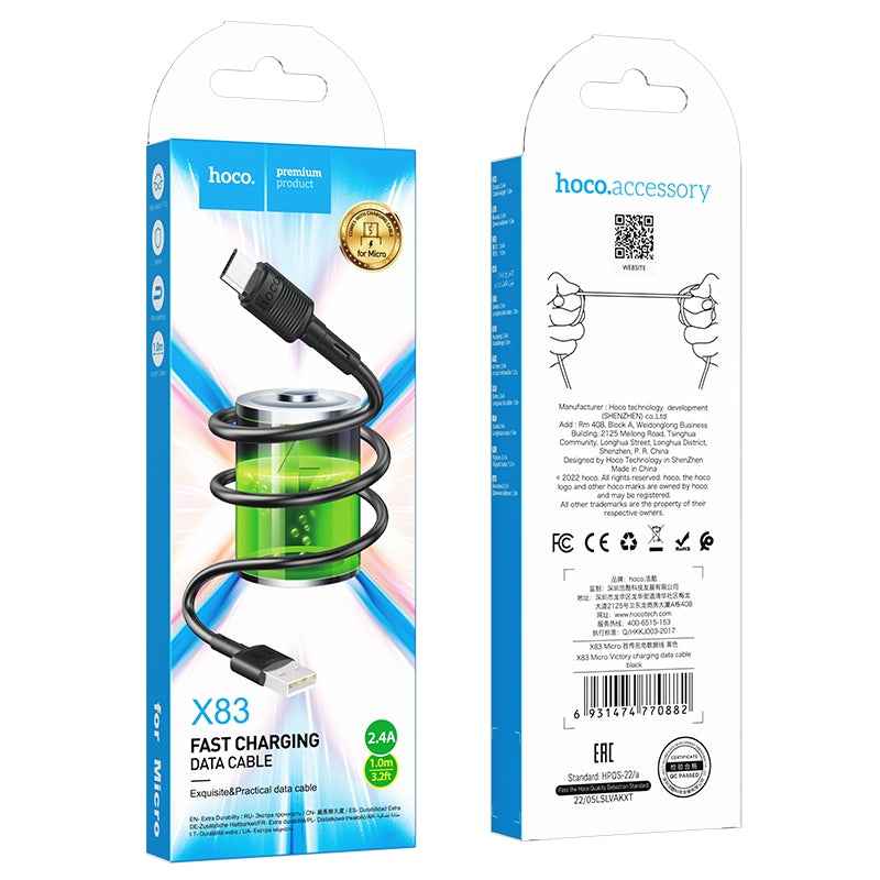 Uniqbuy For hoco X83 2.4A USB to Micro USB Victory Charging Data Cable?Length?1m(Black)