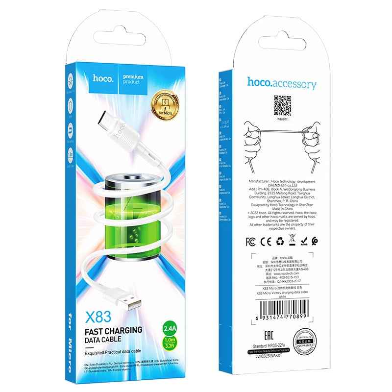 Uniqbuy For hoco X83 2.4A USB to Micro USB Victory Charging Data Cable?Length?1m(White)