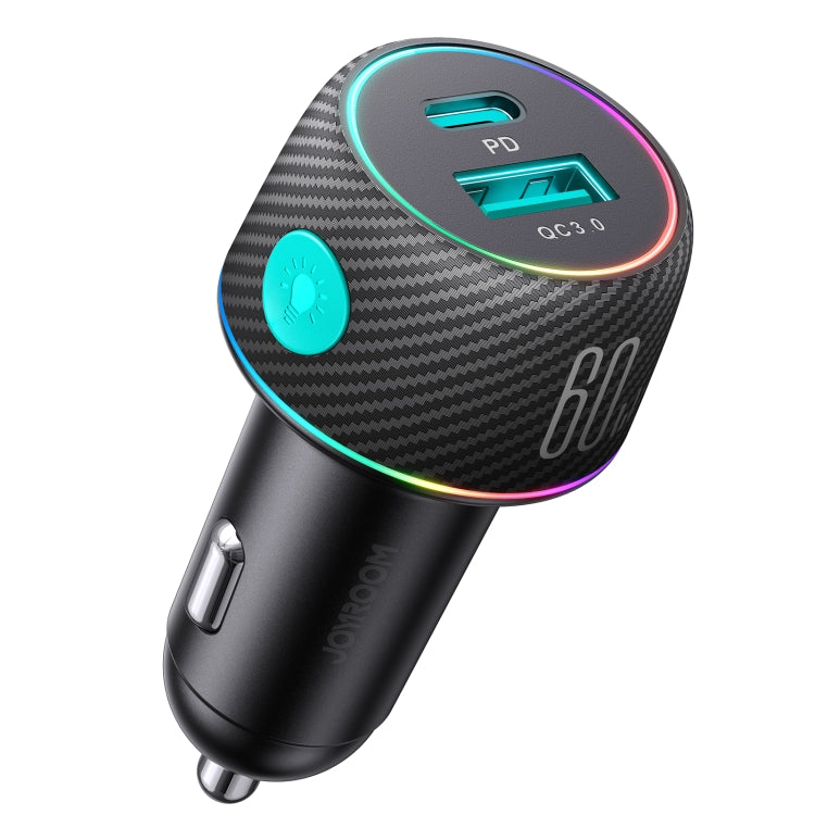 JOYROOM JR-CCN01 60W USB+USB-C / Type-C Multi-color Car Charger with Light Button(Black)