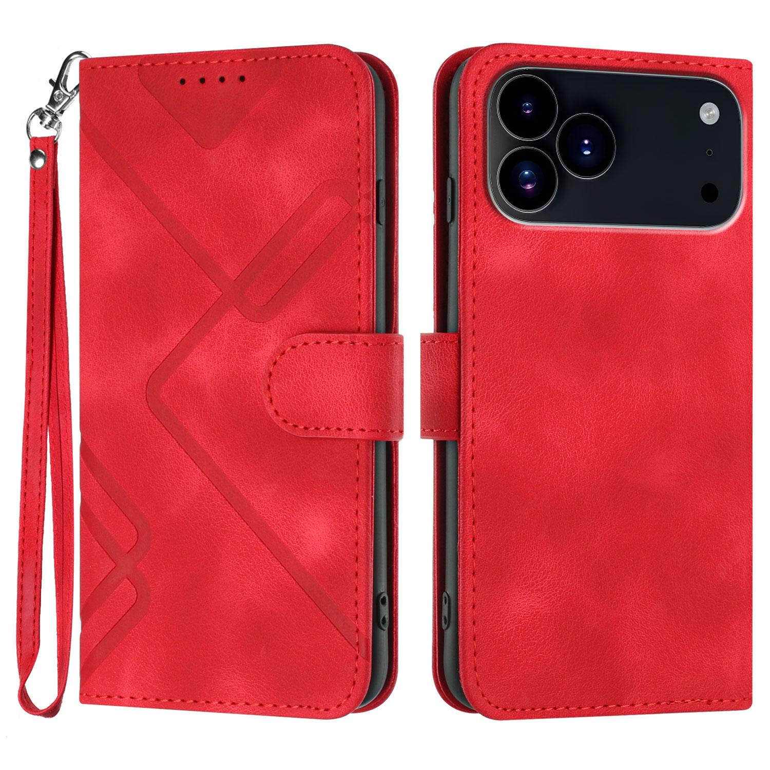 Compatible with iPhone 18 Pro & 17 Pro Line Pattern Skin Feel Leather Phone Case - Red