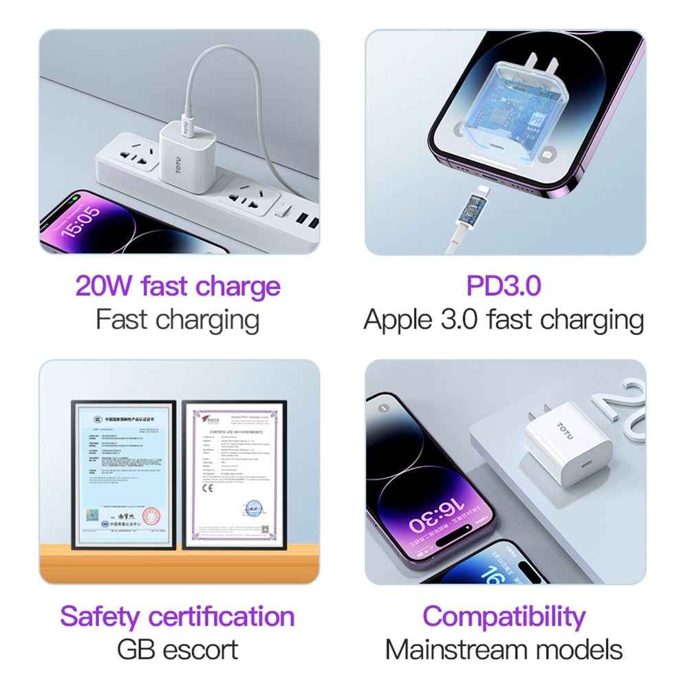 Uniqbuy For TOTU PD 20W Type-C Port Charger with Type-C to 8 Pin Data Cable Set, Specification:EU Plug(White)