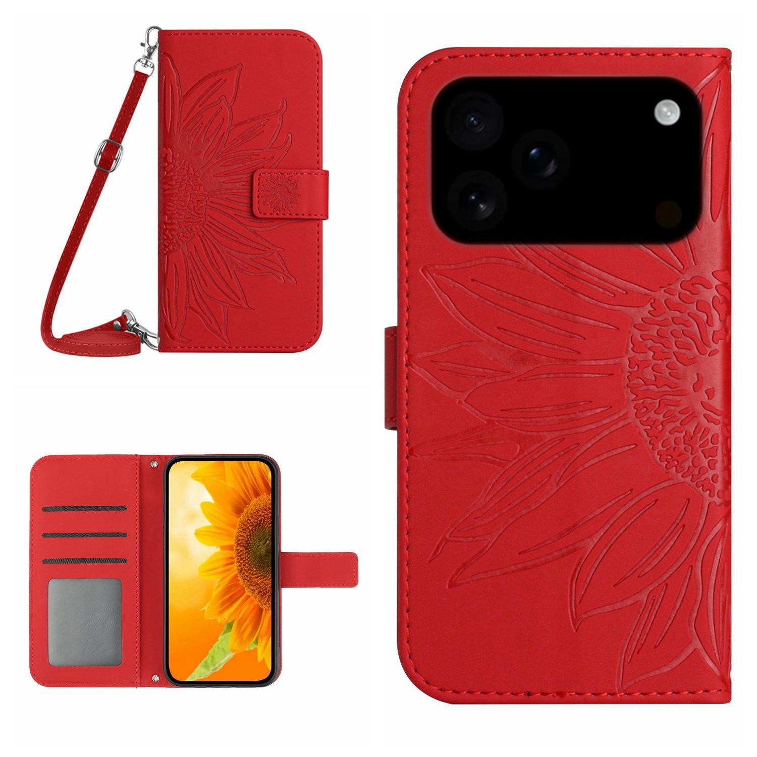 Compatible with iPhone 18 Pro & 17 Pro Skin Feel Sun Flower Embossed Flip Leather Phone Case with Lanyard - Red