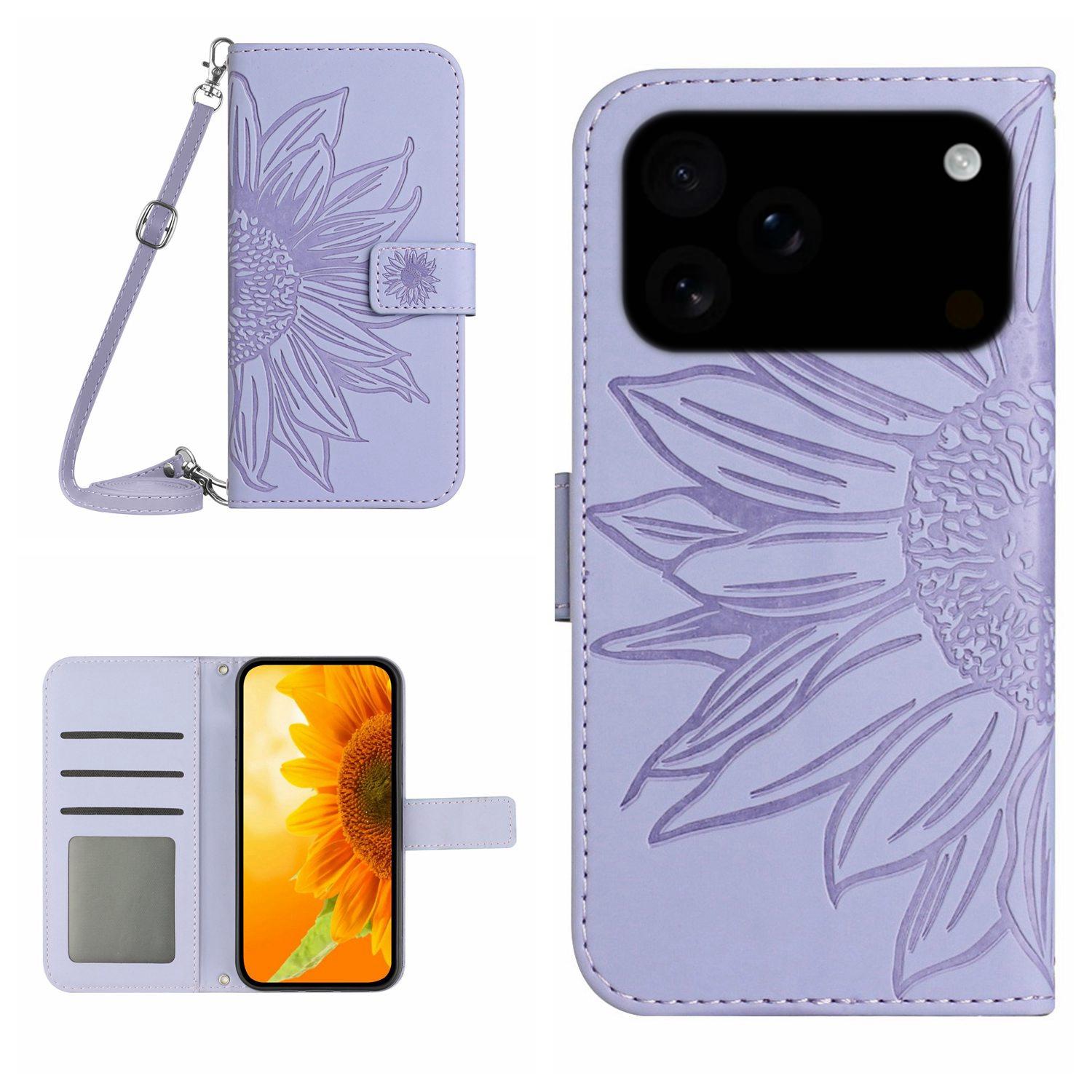 Compatible with iPhone 18 Pro & 17 Pro Skin Feel Sun Flower Embossed Flip Leather Phone Case with Lanyard - Purple