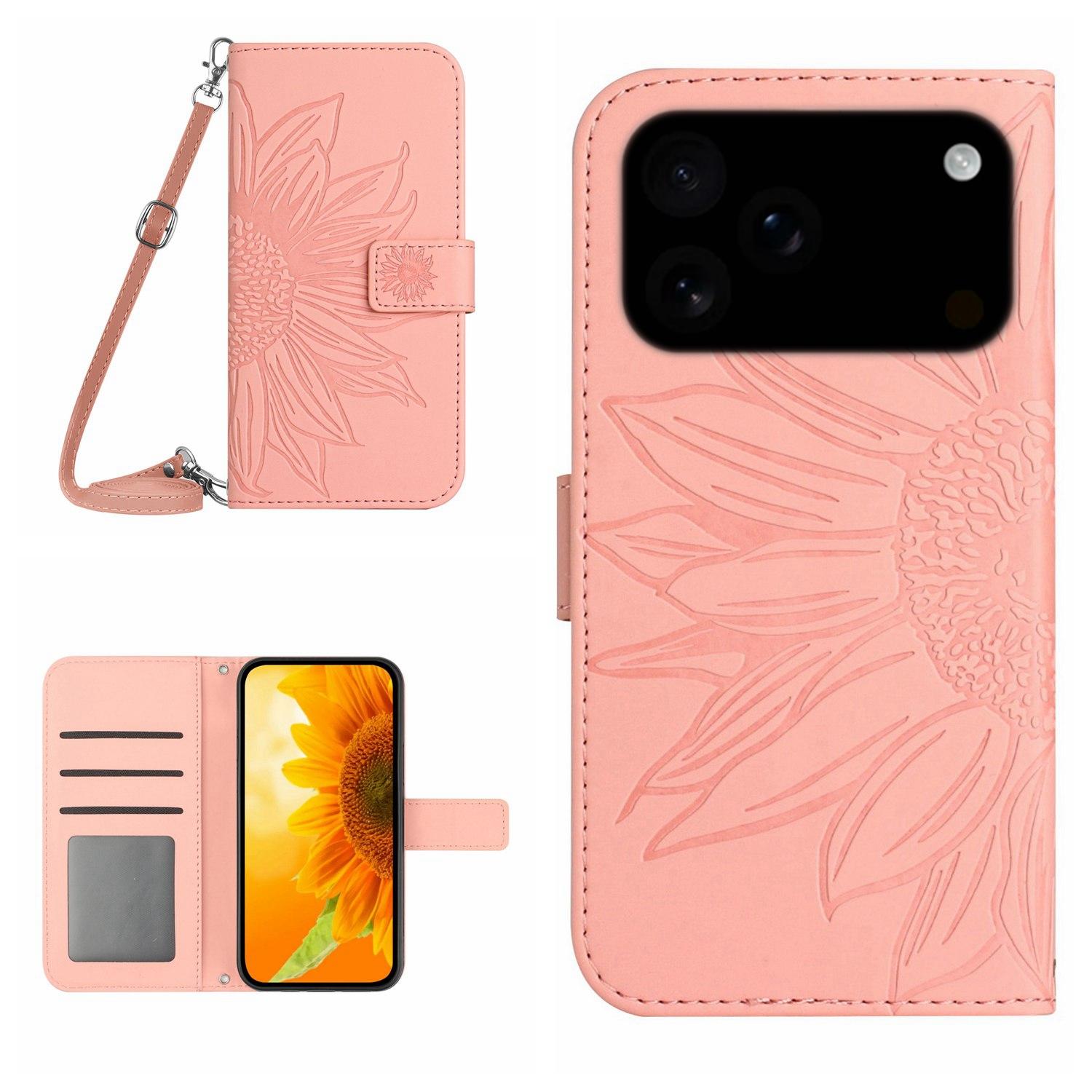 Compatible with iPhone 18 Pro & 17 Pro Skin Feel Sun Flower Embossed Flip Leather Phone Case with Lanyard - Pink