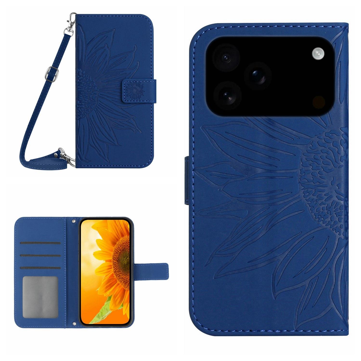 Compatible with iPhone 18 Pro & 17 Pro Skin Feel Sun Flower Embossed Flip Leather Phone Case with Lanyard - Dark Blue