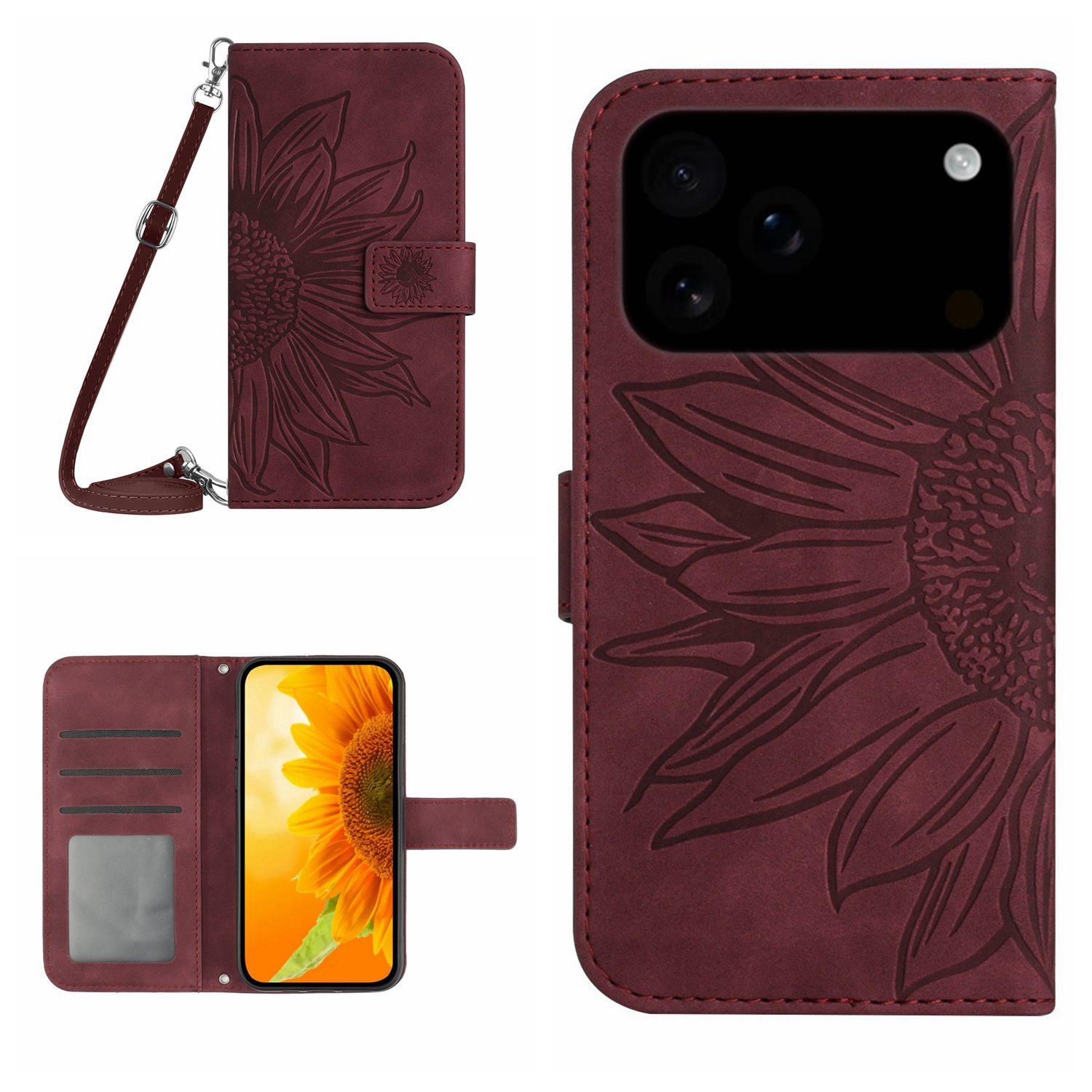Compatible with iPhone 18 Pro & 17 Pro Skin Feel Sun Flower Embossed Flip Leather Phone Case with Lanyard - Wine Red