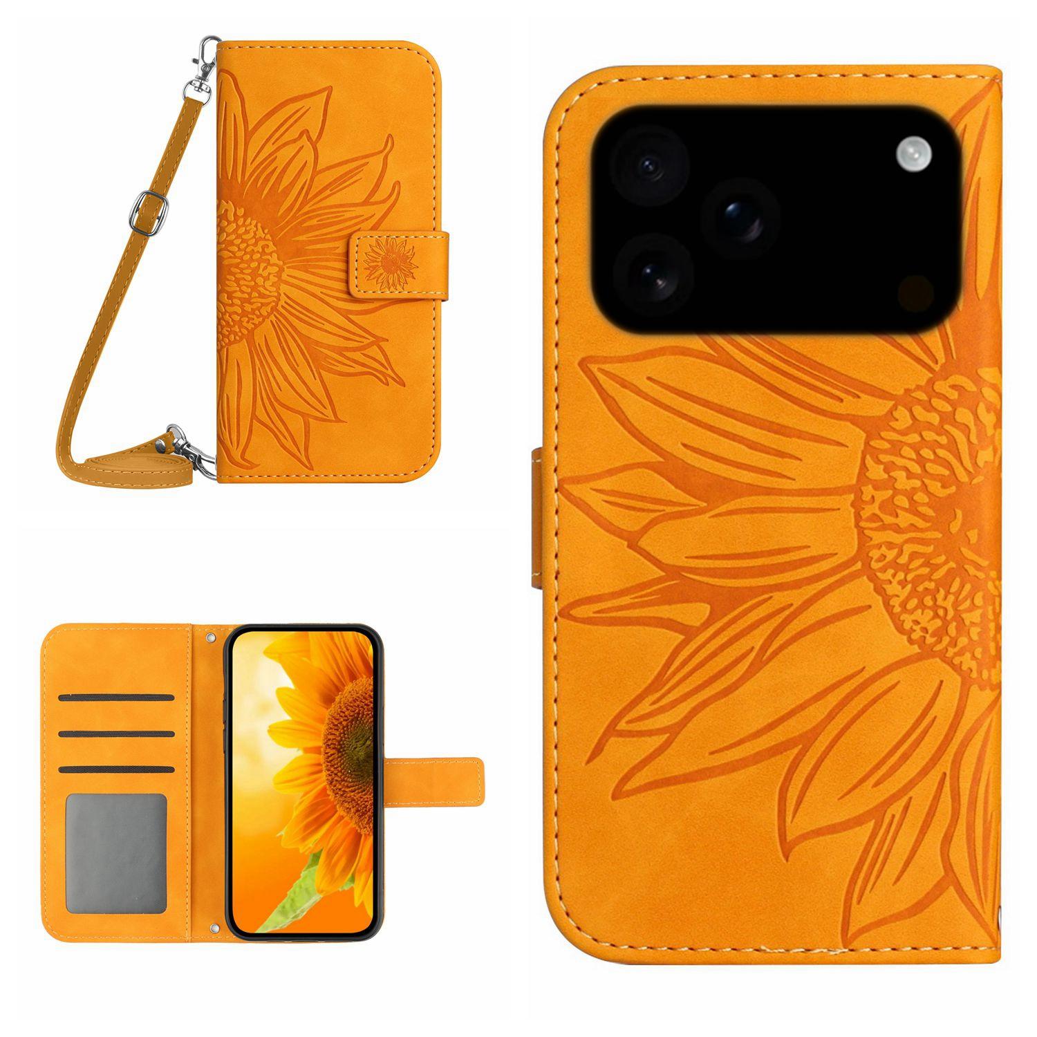 Compatible with iPhone 18 Pro & 17 Pro Skin Feel Sun Flower Embossed Flip Leather Phone Case with Lanyard - Yellow