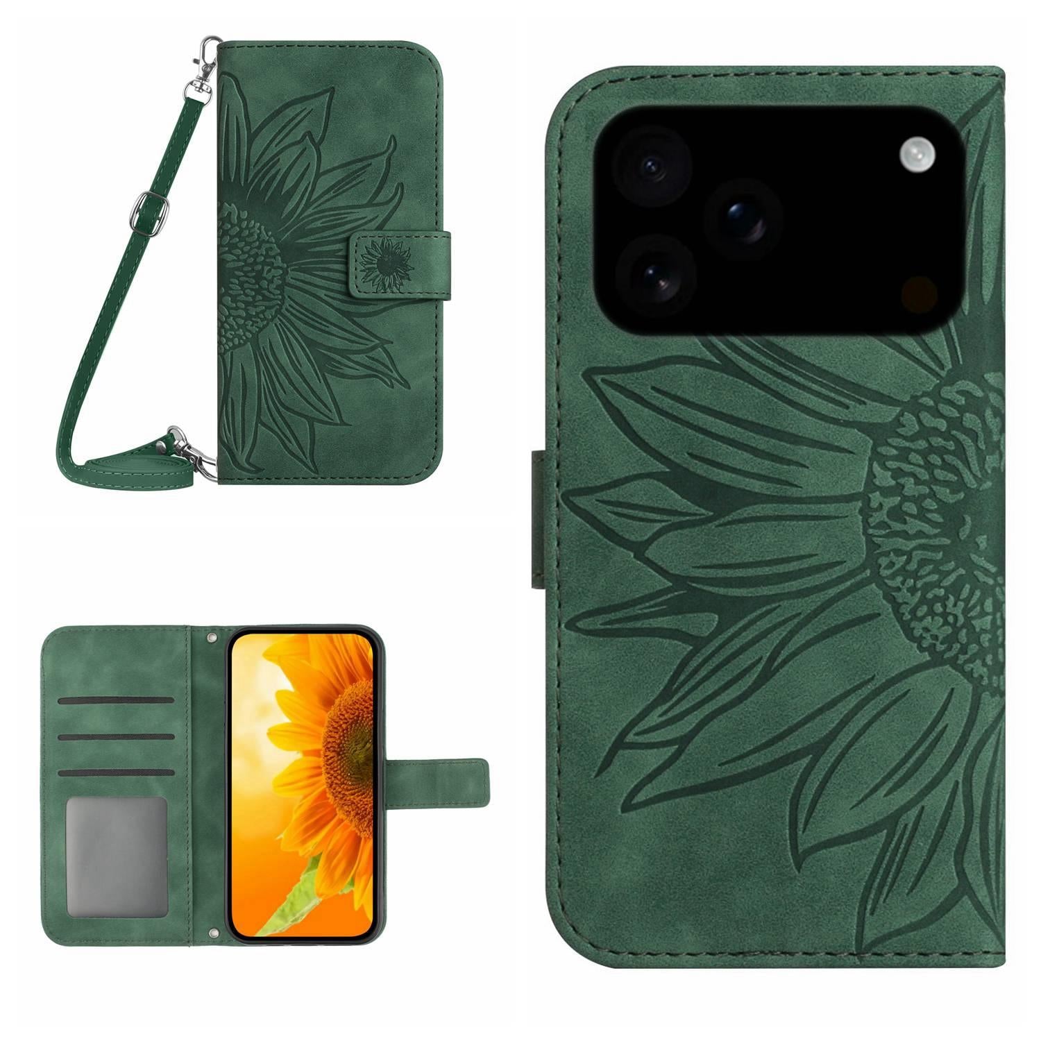Compatible with iPhone 18 Pro & 17 Pro Skin Feel Sun Flower Embossed Flip Leather Phone Case with Lanyard - Green