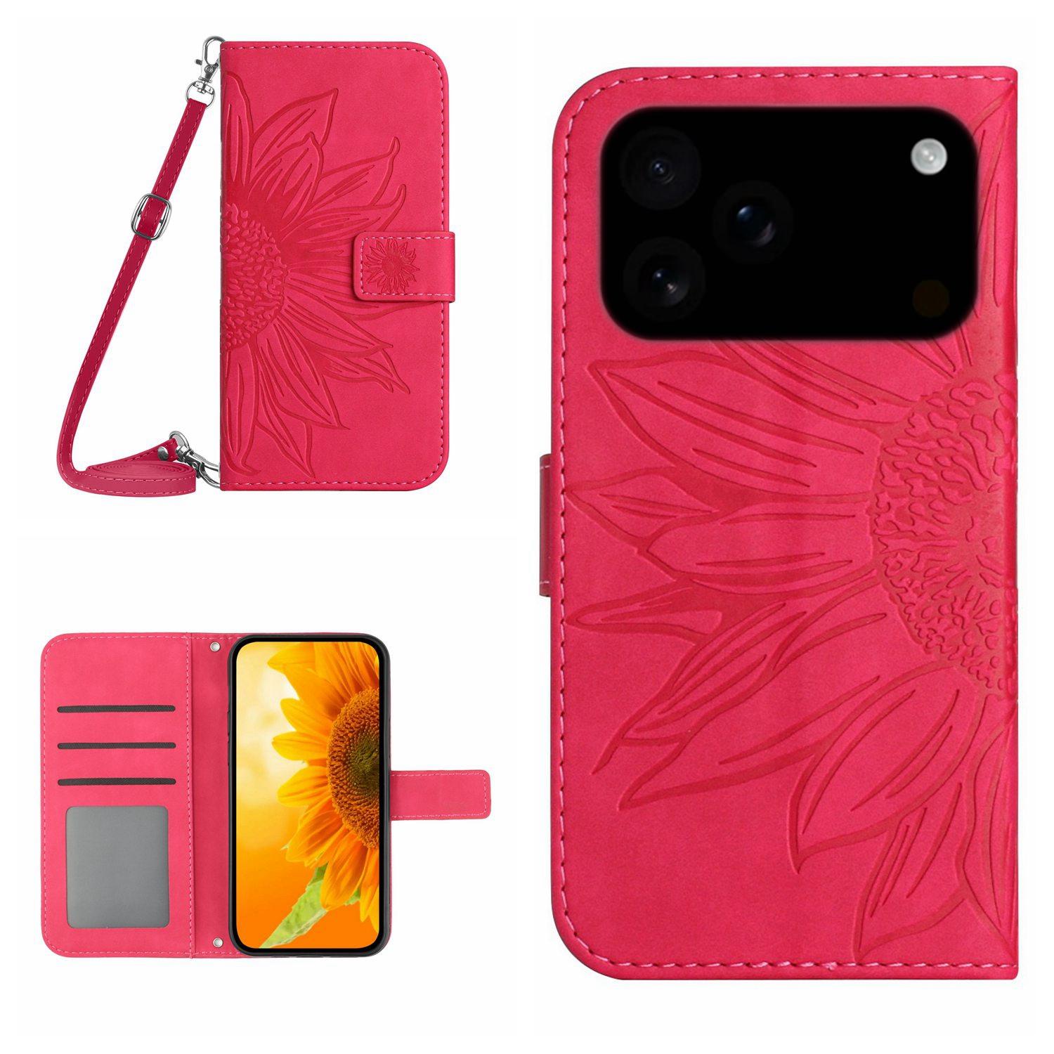 Compatible with iPhone 18 Pro & 17 Pro Skin Feel Sun Flower Embossed Flip Leather Phone Case with Lanyard - Rose Red