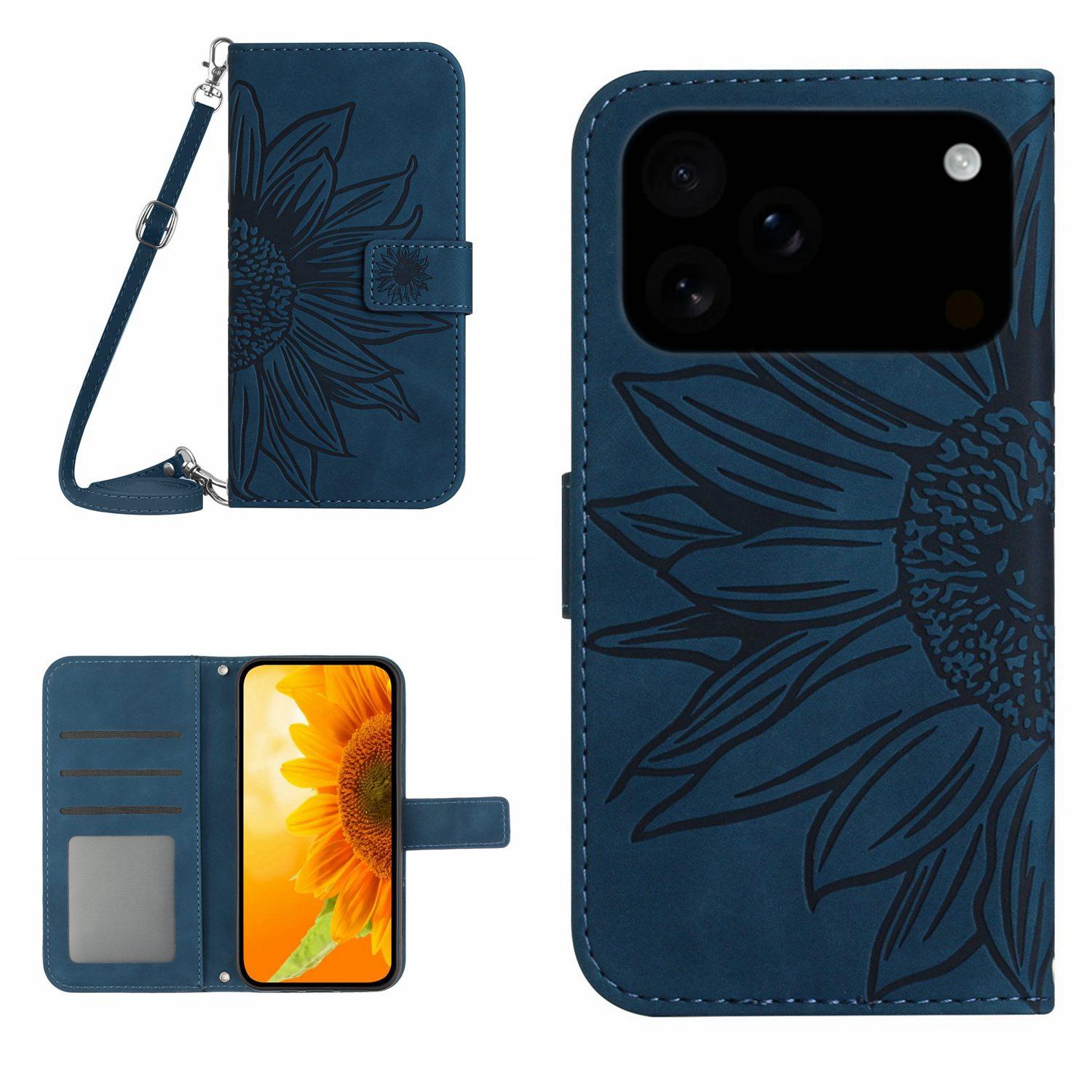 Compatible with iPhone 18 Pro & 17 Pro Skin Feel Sun Flower Embossed Flip Leather Phone Case with Lanyard - Inky Blue