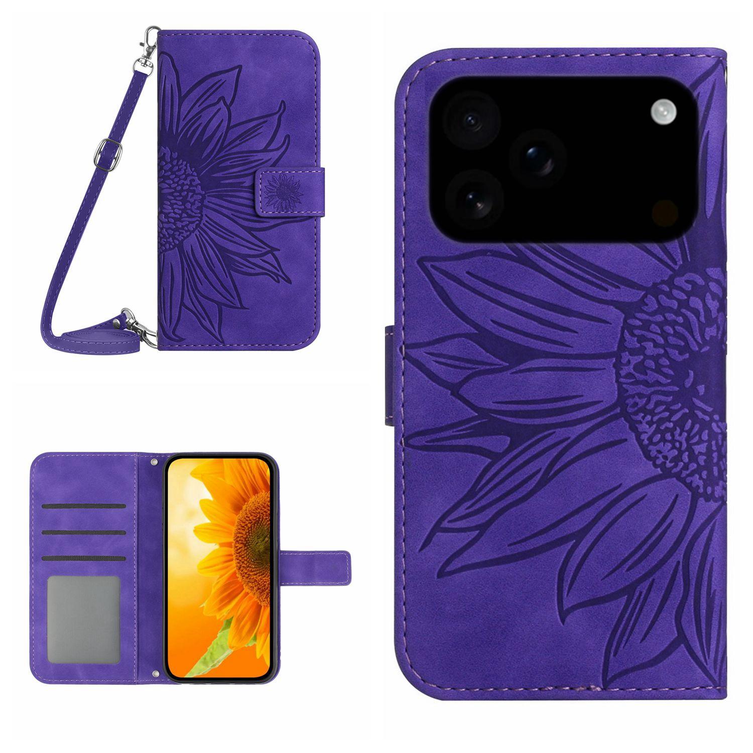 Compatible with iPhone 18 Pro & 17 Pro Skin Feel Sun Flower Embossed Flip Leather Phone Case with Lanyard - Dark Purple