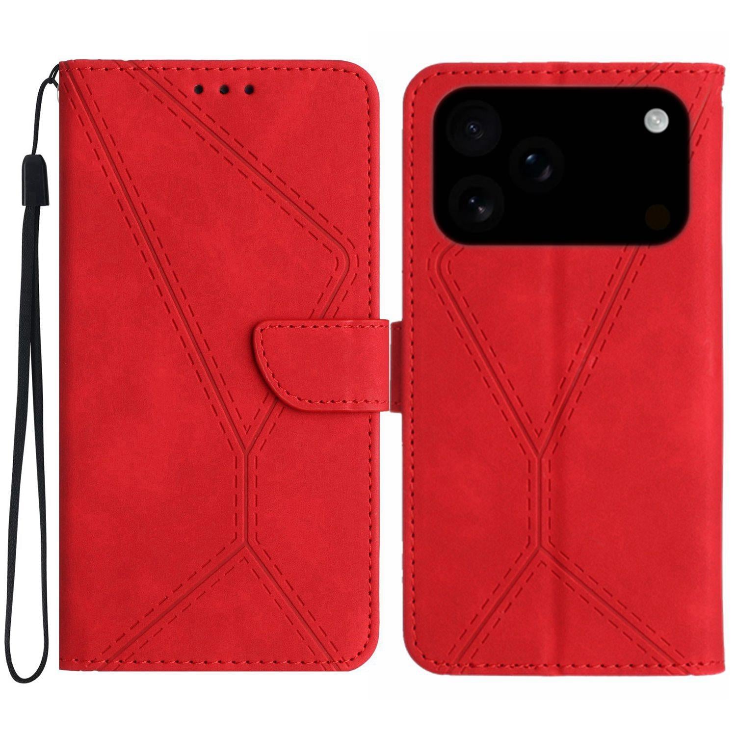 Compatible with iPhone 18 Pro & 17 Pro Stitching Embossed Leather Phone Case - Red