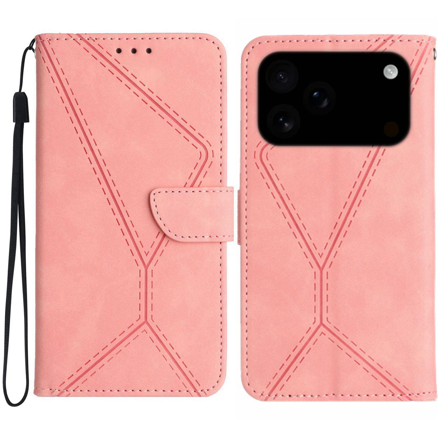 Compatible with iPhone 18 Pro & 17 Pro Stitching Embossed Leather Phone Case - Pink