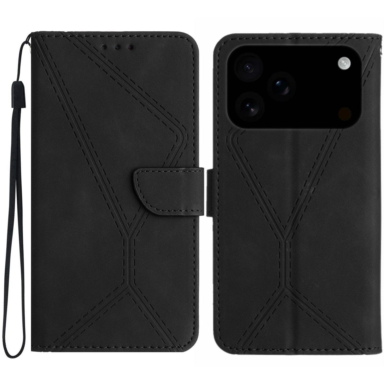 Compatible with iPhone 18 Pro & 17 Pro Stitching Embossed Leather Phone Case - Black
