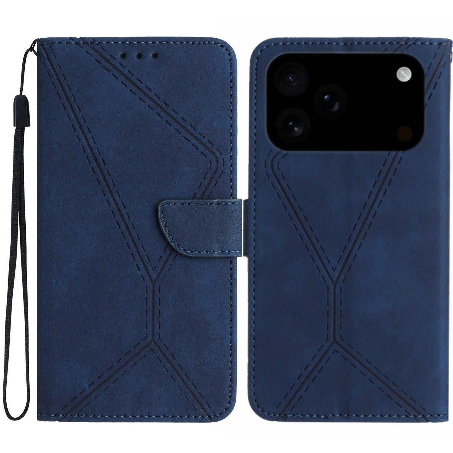 Compatible with iPhone 18 Pro & 17 Pro Stitching Embossed Leather Phone Case - Blue