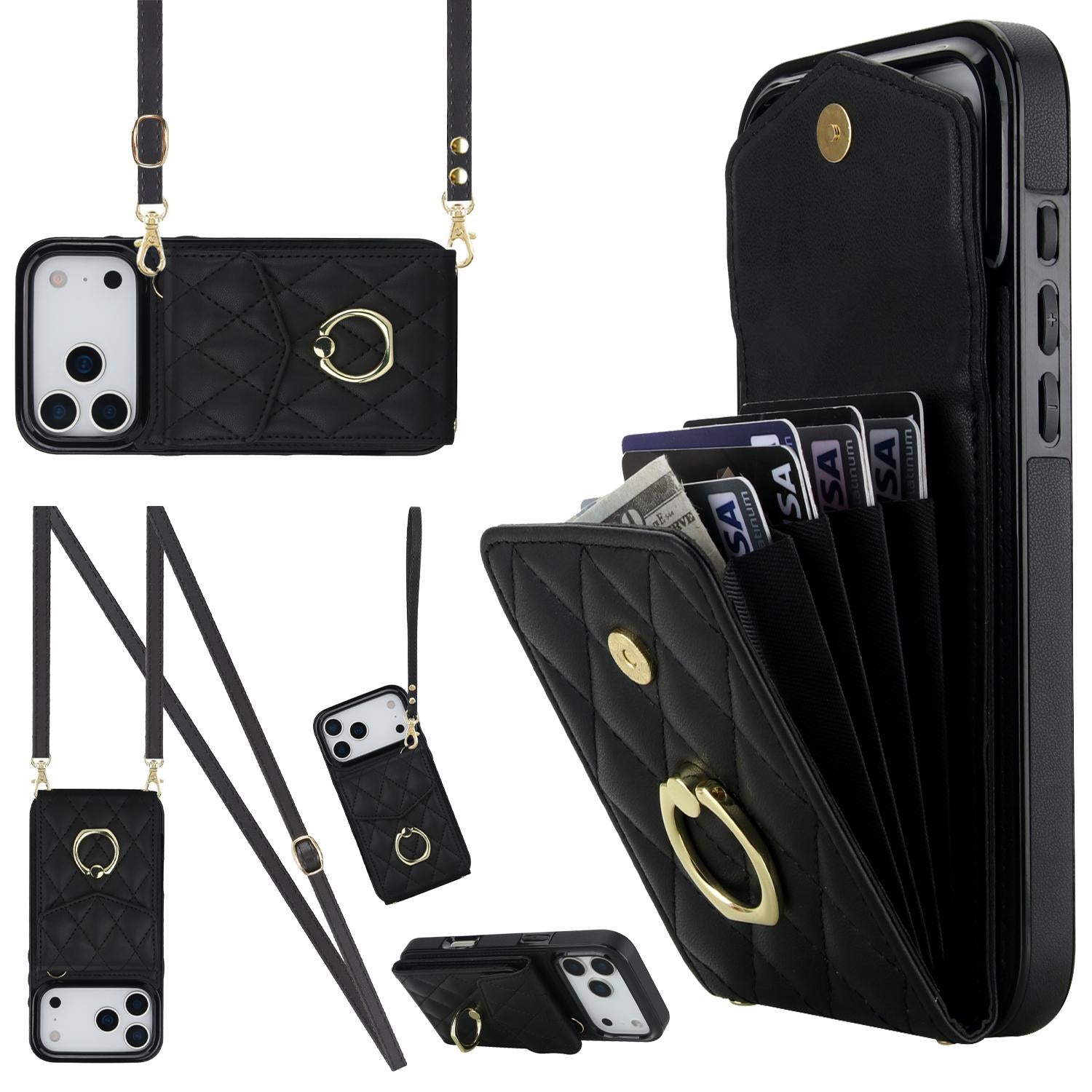 Compatible with iPhone 18 Pro & 17 Pro Rhombic Texture Card Bag Phone Case with Long Lanyard - Black