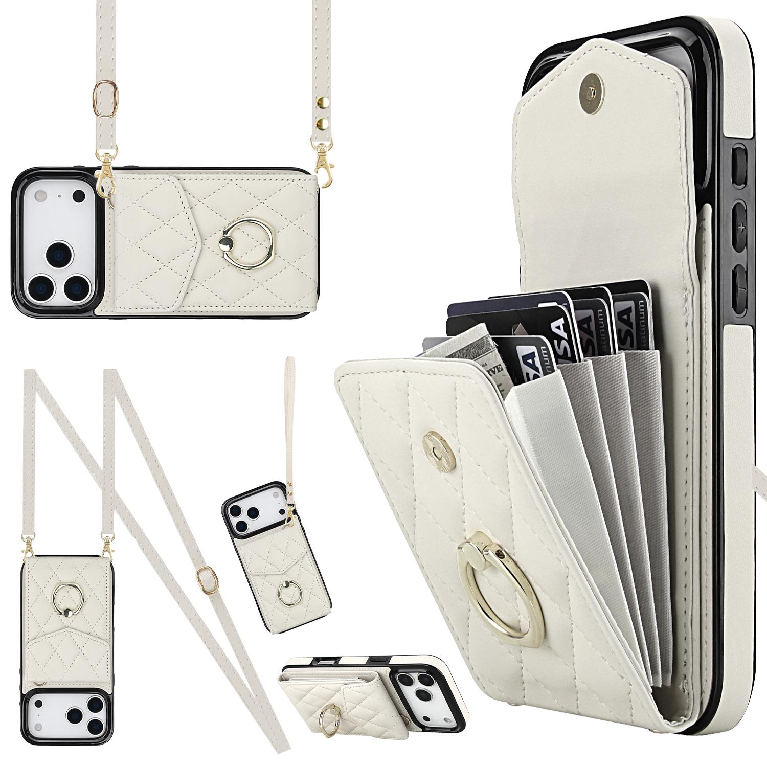 Compatible with iPhone 18 Pro & 17 Pro Rhombic Texture Card Bag Phone Case with Long Lanyard - White