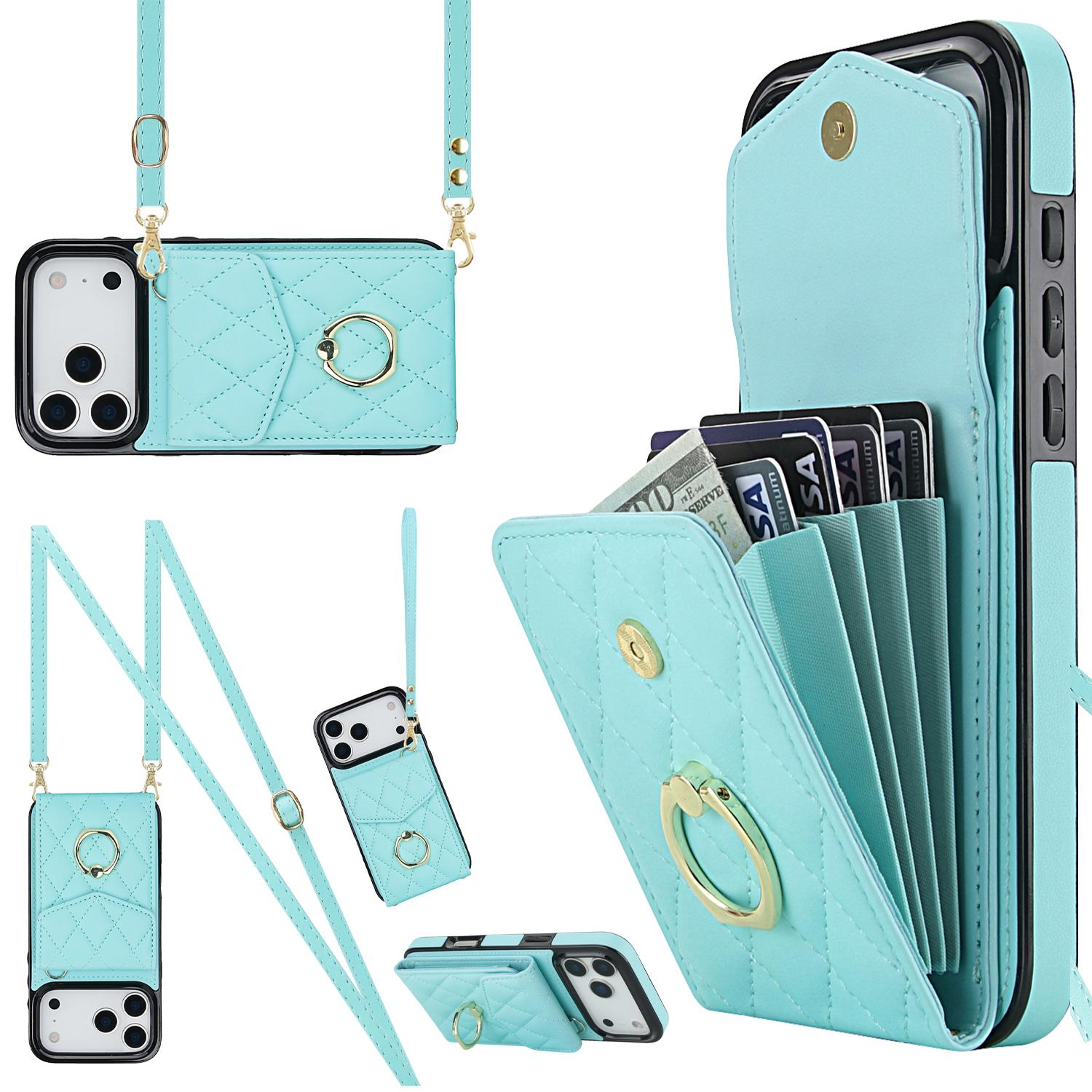 Compatible with iPhone 18 Pro & 17 Pro Rhombic Texture Card Bag Phone Case with Long Lanyard - Mint Green