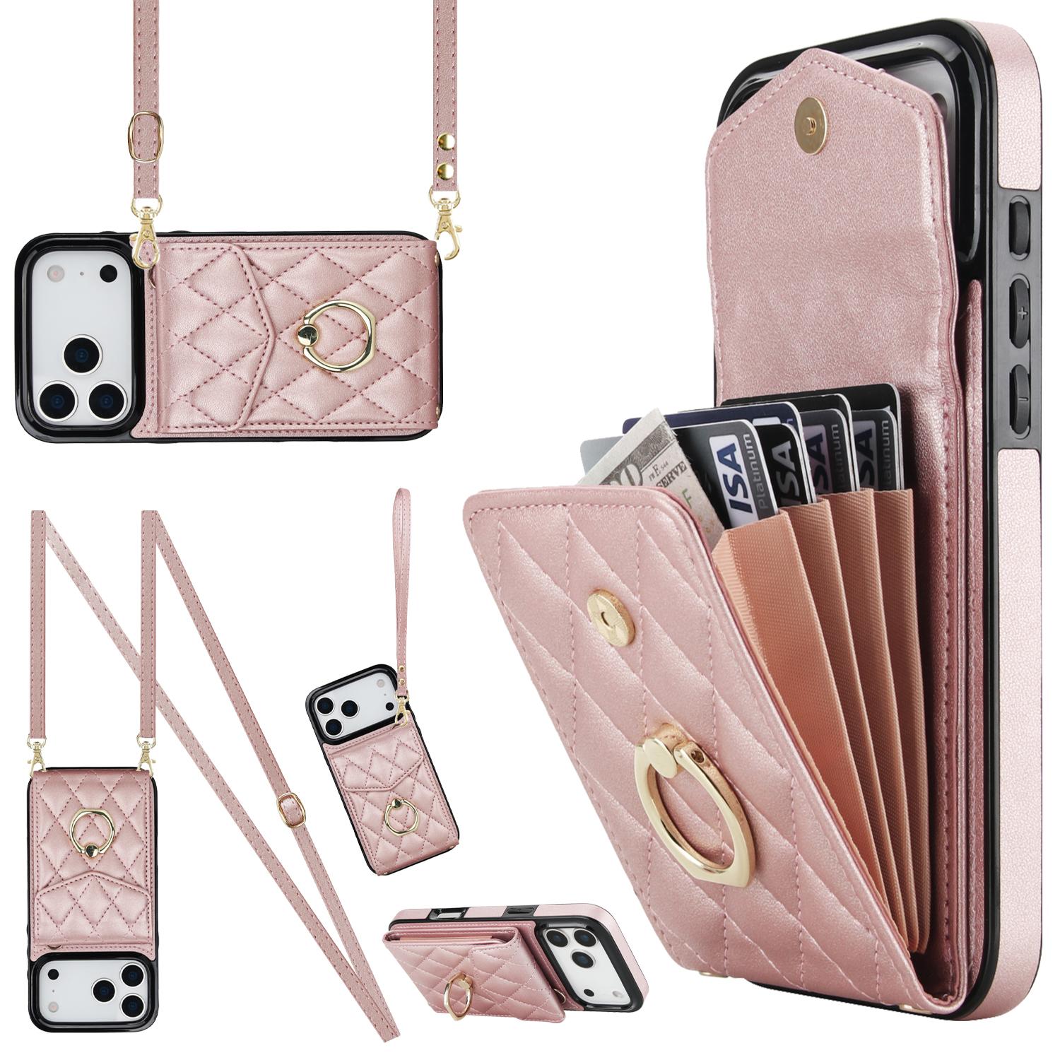 Compatible with iPhone 18 Pro & 17 Pro Rhombic Texture Card Bag Phone Case with Long Lanyard - Rose Gold
