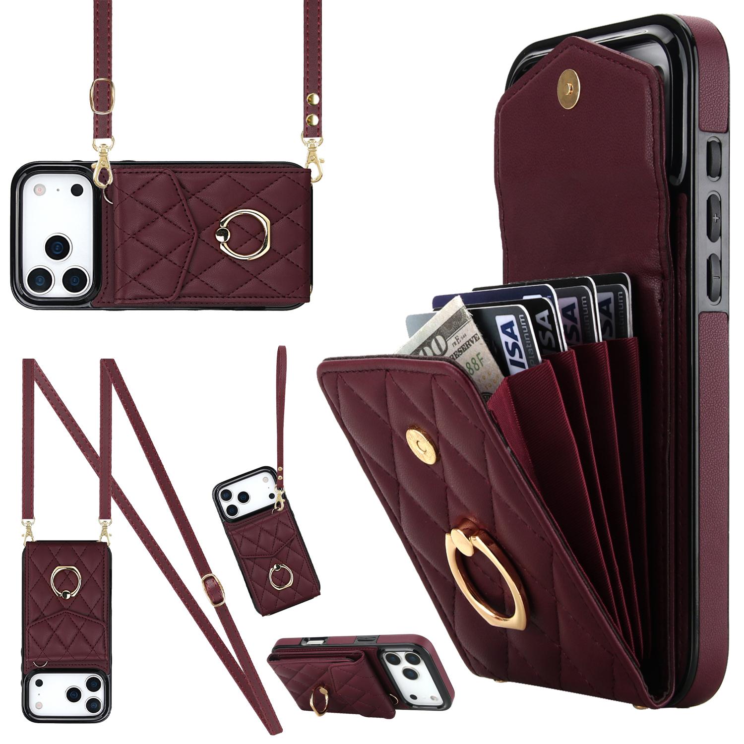 Compatible with iPhone 18 Pro & 17 Pro Rhombic Texture Card Bag Phone Case with Long Lanyard - Wine Red