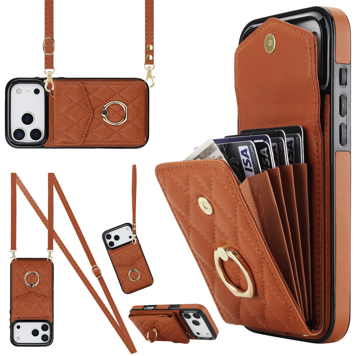 Compatible with iPhone 18 Pro & 17 Pro Rhombic Texture Card Bag Phone Case with Long Lanyard - Brown