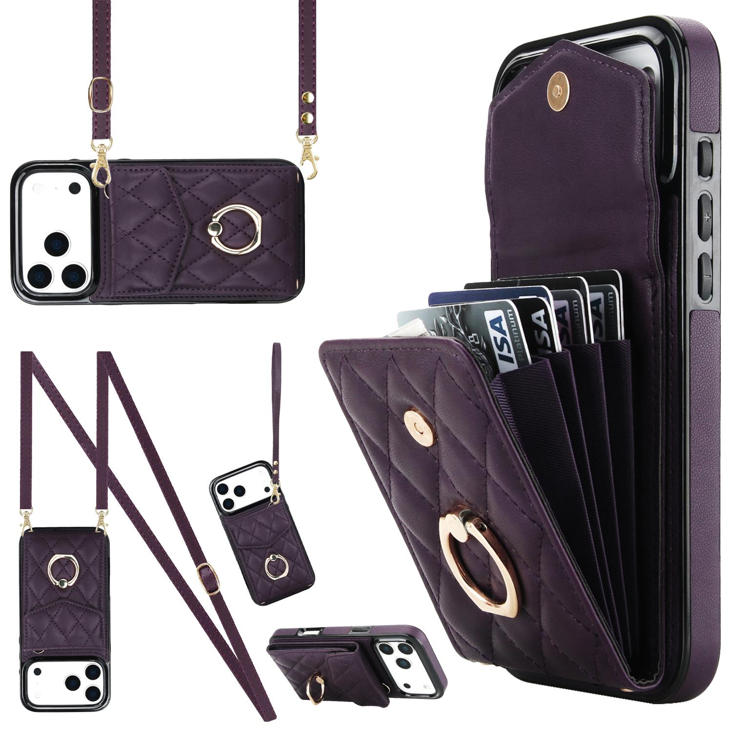 Compatible with iPhone 18 Pro & 17 Pro Rhombic Texture Card Bag Phone Case with Long Lanyard - Dark Purple
