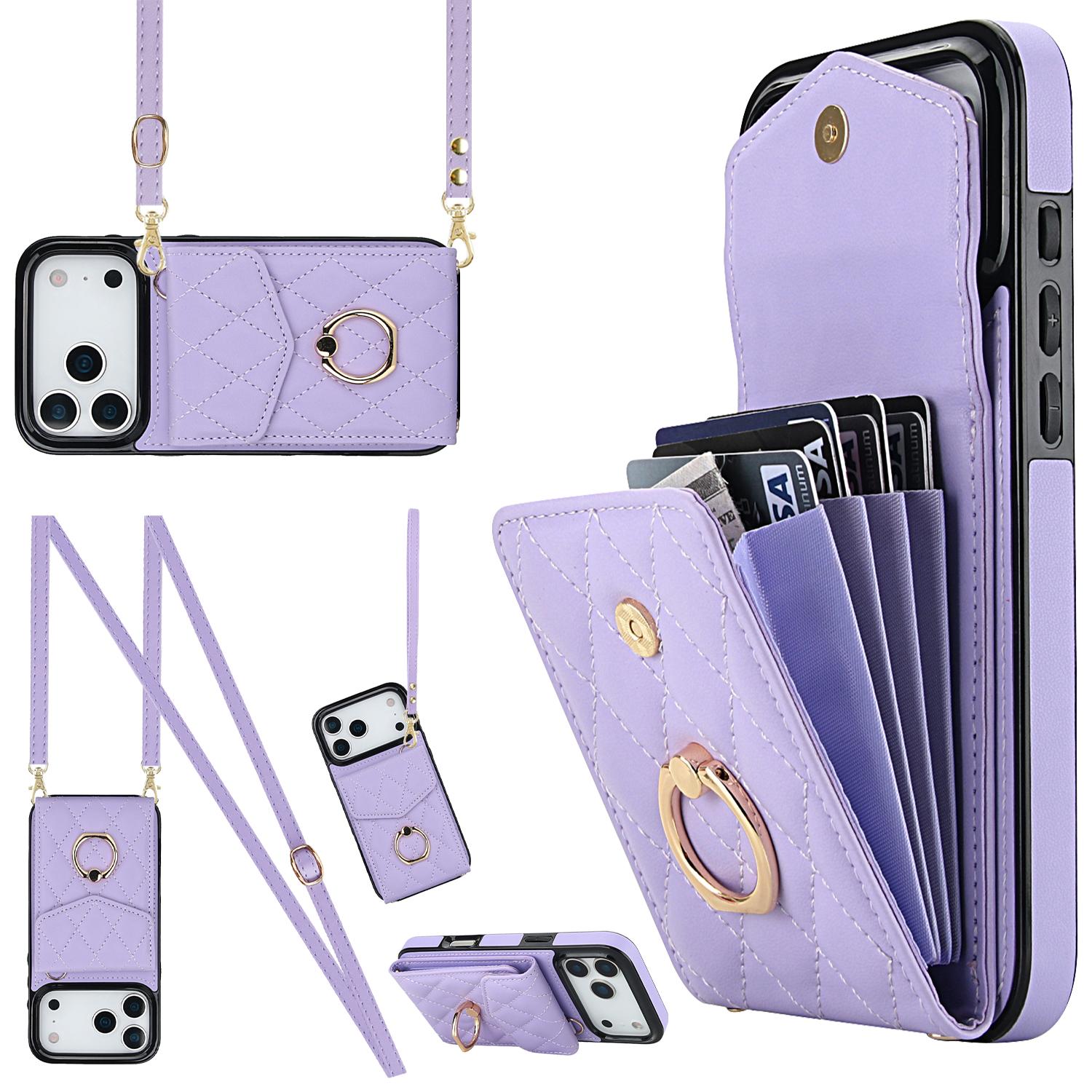 Compatible with iPhone 18 Pro & 17 Pro Rhombic Texture Card Bag Phone Case with Long Lanyard - Light Purple