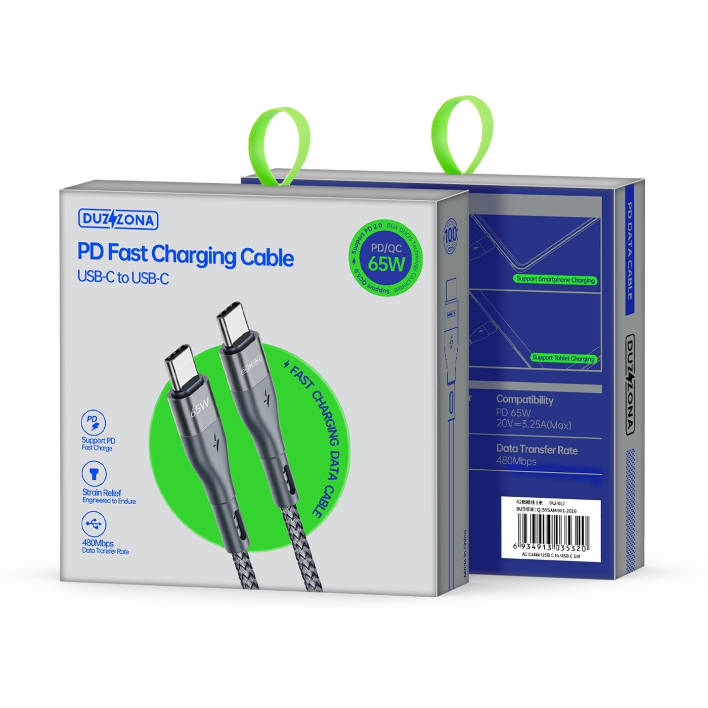 DUZZONA A2 PD 65W USB-C / Type-C to Type-C Fast Charging Data Cable, Length:2m(Grey)