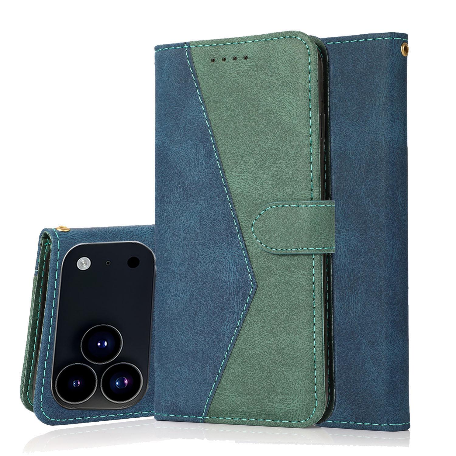 Compatible with iPhone 18 Pro & 17 Pro Dual-color Stitching Leather Phone Case - Blue Green