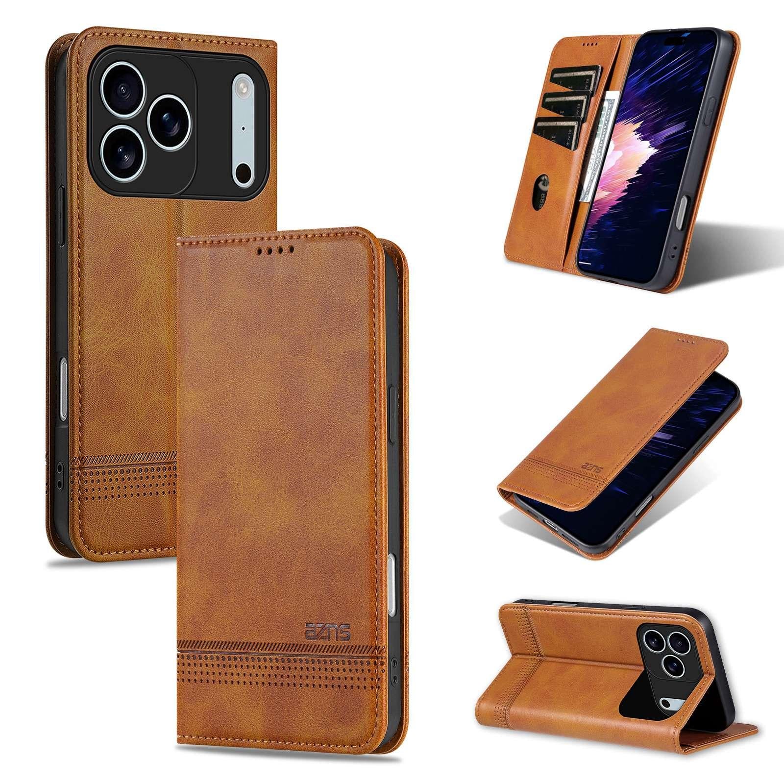 Compatible with iPhone 18 Pro AZNS Magnetic Calf Texture Flip Leather Phone Case - Light Brown