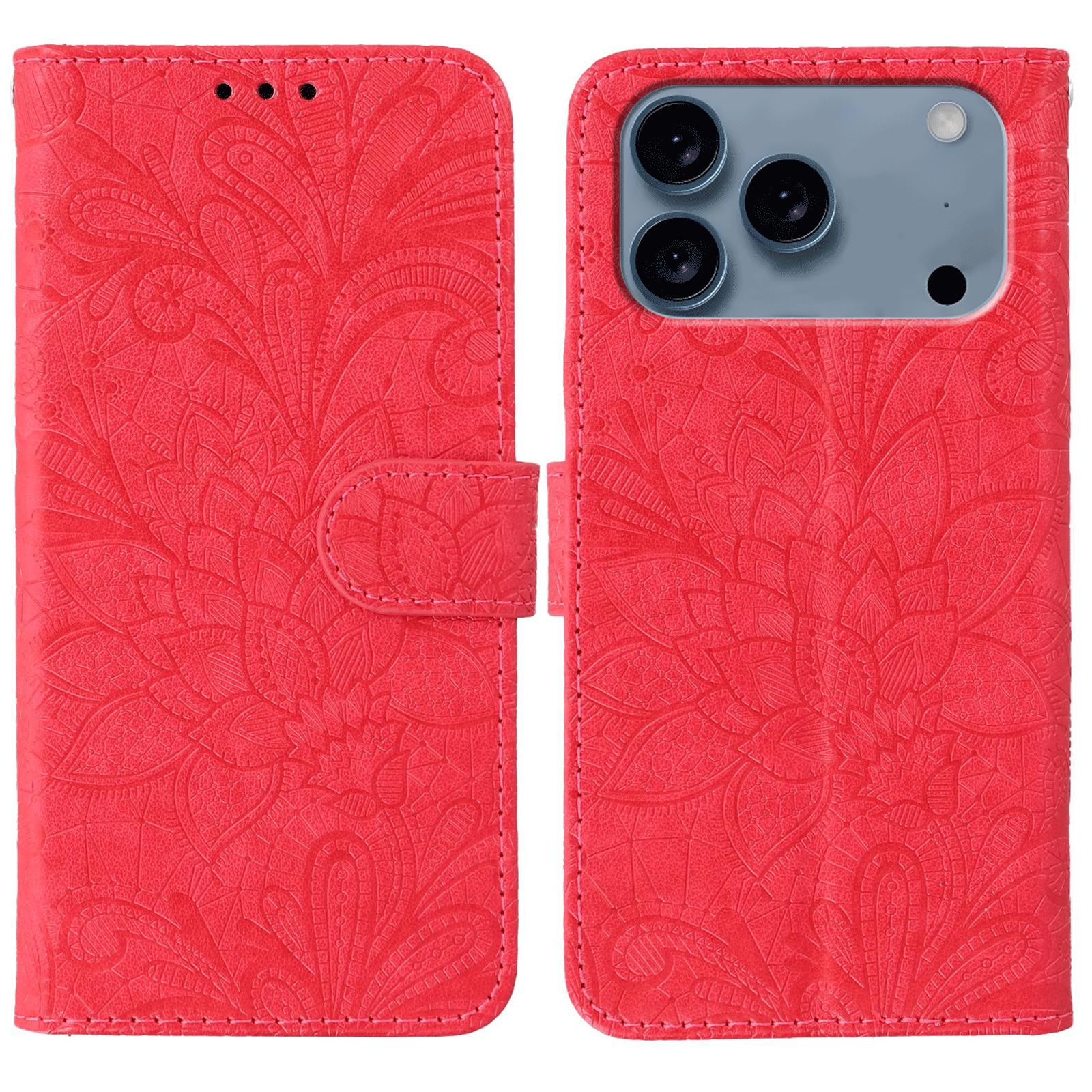 Compatible with iPhone 18 Pro & 17 Pro Lace Flower Embossing Flip Leather Phone Case - Red
